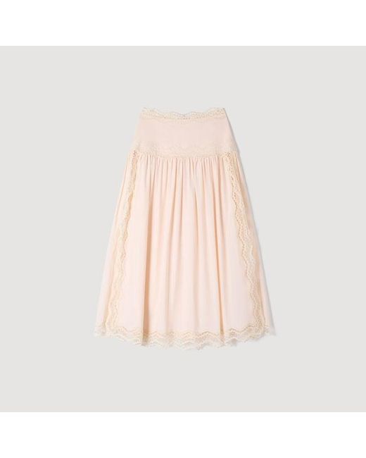 Sandro Pink Long Cotton Skirt With Trim