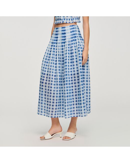 Sandro Blue Long Gingham Linen Skirt