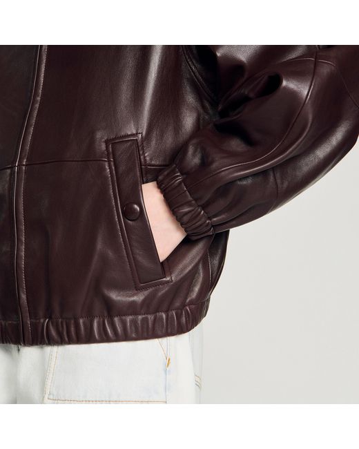 Sandro Brown Oversized Zip-Up Leather Jacket