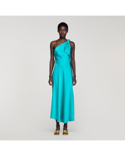 Sandro Blue Satin-Effect Maxi Dress With Bow
