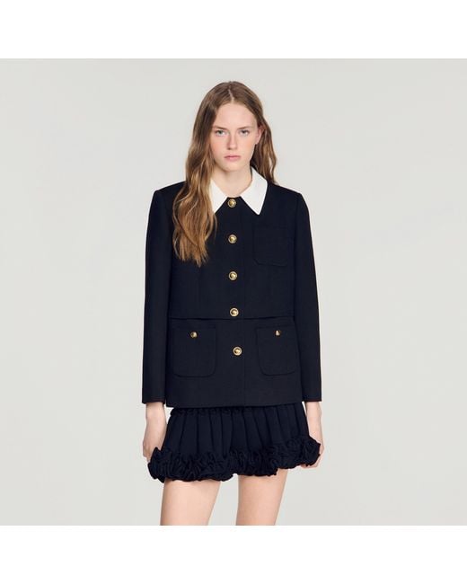 Sandro Blue Jacket With Removable Contrast Collar