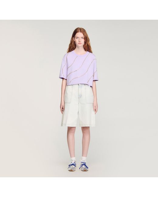 Sandro Multicolor Rhinestone Cropped T-Shirt