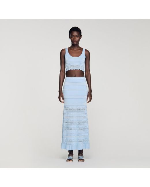 Sandro Blue Pointelle Knit Crop Top