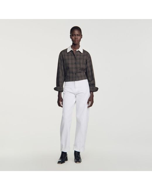 Sandro White Check Shirt With Contrast Collar