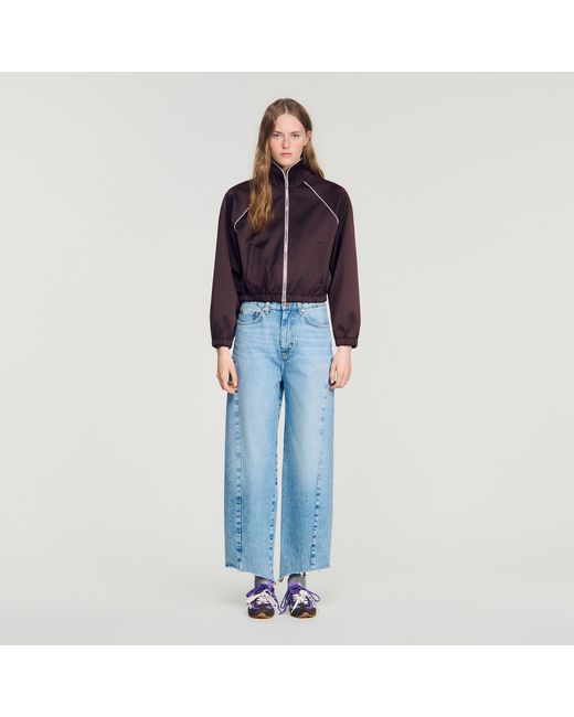 Sandro Blue Cropped Embroidered Satin Jacket