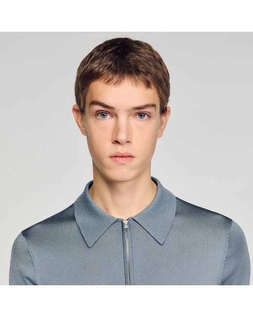Sandro Blue Knitted Polo Shirt With Zip Collar for men