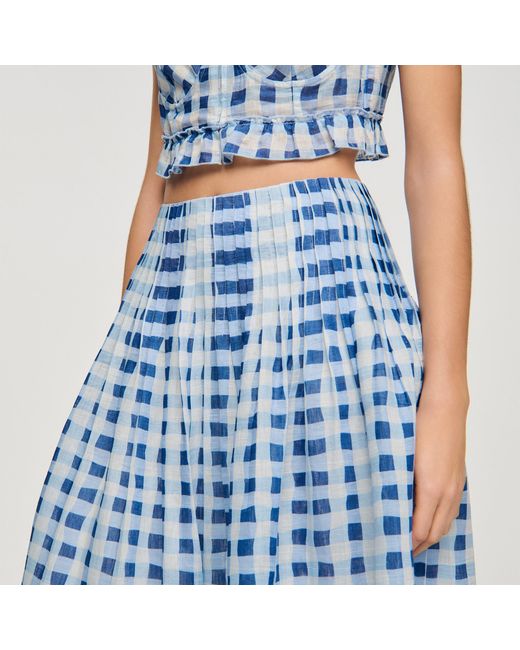 Sandro Blue Long Gingham Linen Skirt