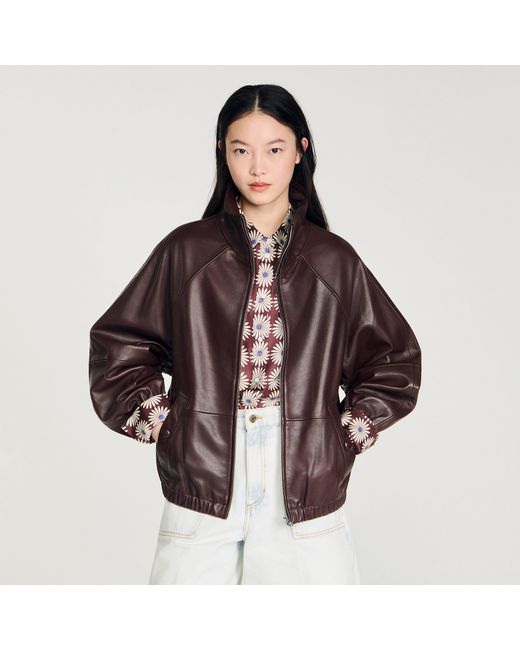 Sandro Brown Oversized Zip-Up Leather Jacket