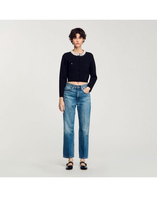 Sandro Blue Cardigan With Beaded Collar