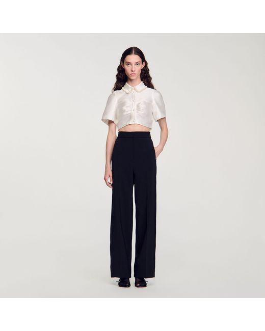 Sandro Blue Beaded Satin-Effect Cropped Shirt