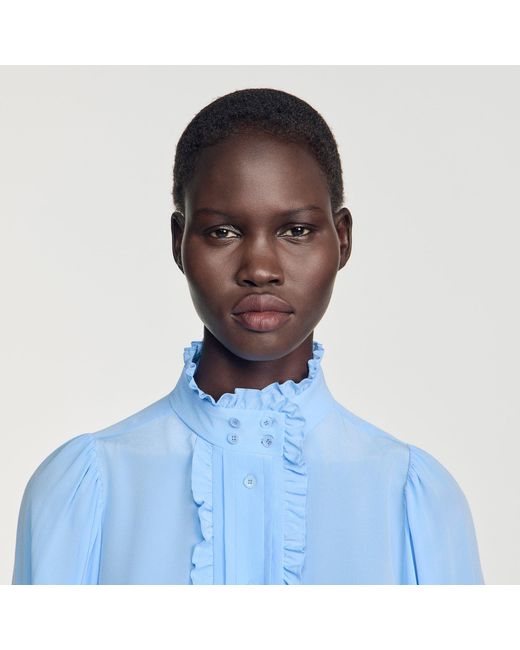 Sandro Blue Silk Shirt With Gathered Collar