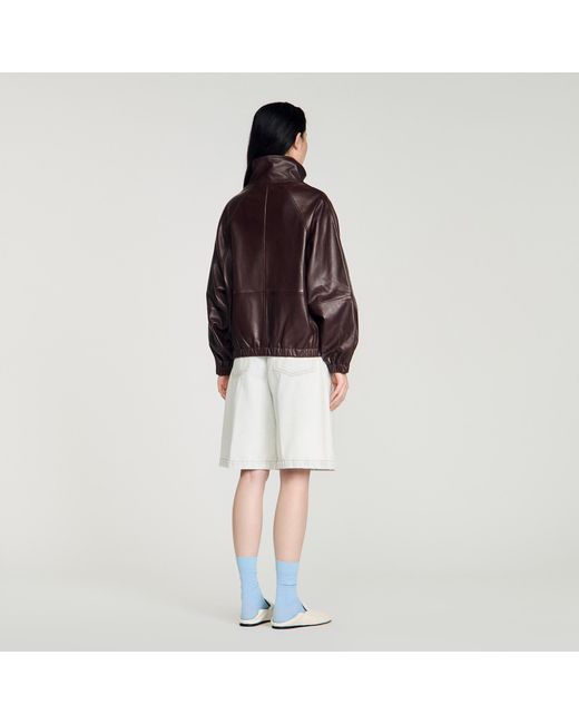 Sandro Brown Oversized Zip-Up Leather Jacket