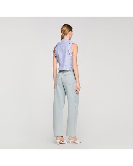 Sandro Blue Striped Ruffled Shirt