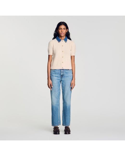 Sandro Blue Cardigan With Denim Collar