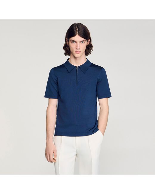 Sandro Blue Knitted Polo Shirt With Zip Collar for men