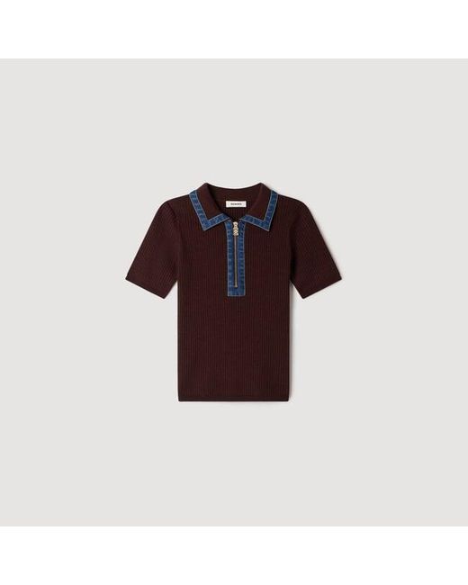 Sandro Blue Polo Sweater With Denim Collar