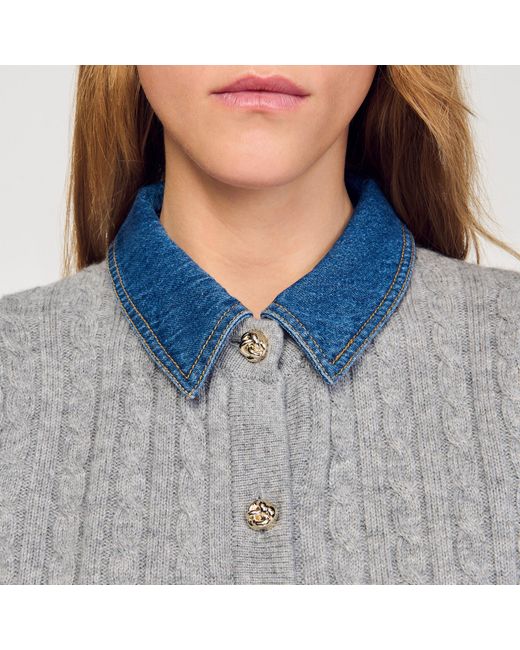Sandro Blue Cardigan With Denim Collar