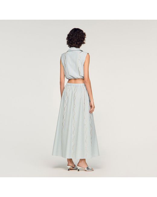 Sandro White Rhinestone Striped Long Skirt