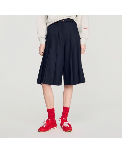 Sandro Blue Long Pleated Wool Shorts