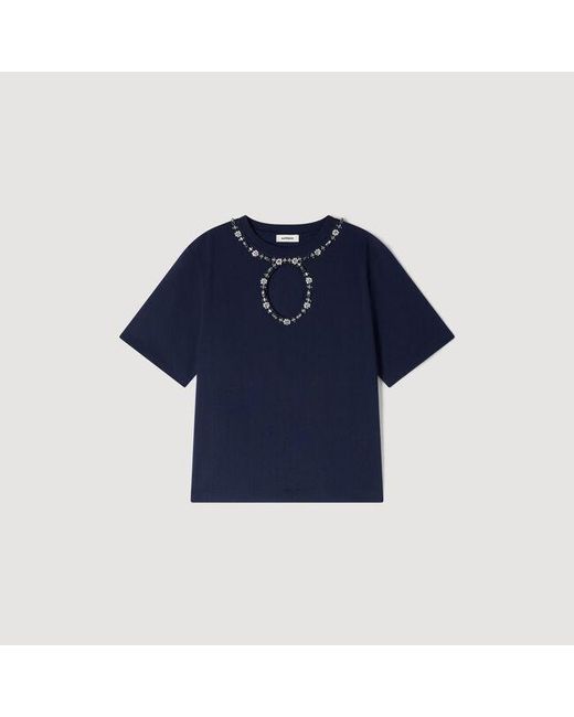 Sandro Blue Rhinestone Openwork T-Shirt