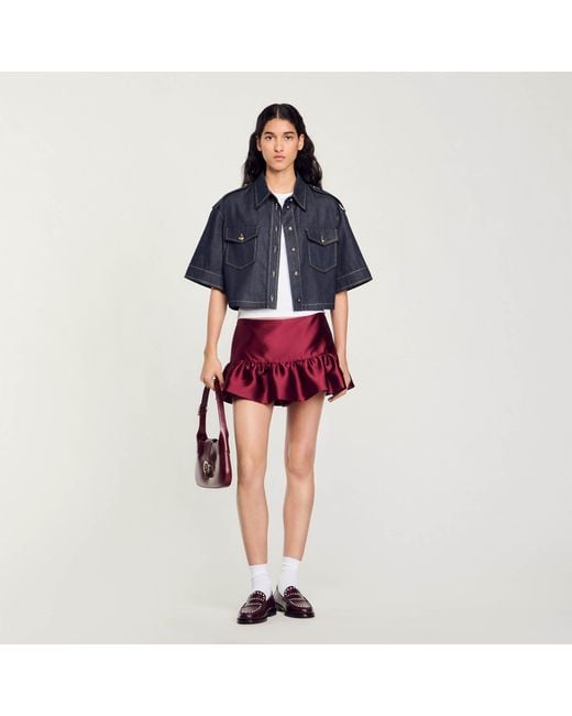 Sandro Red Ruffle-Hem Satin Mini Skirt