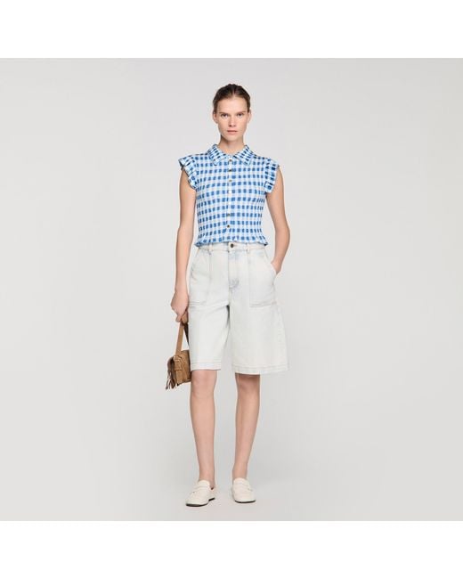 Sandro Blue Check Smocked T-Shirt