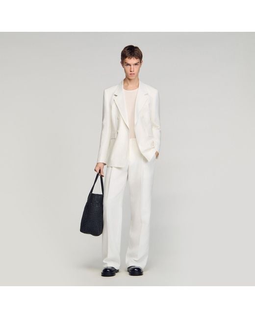 Sandro White Double-Breasted Linen Suit Jacket for men