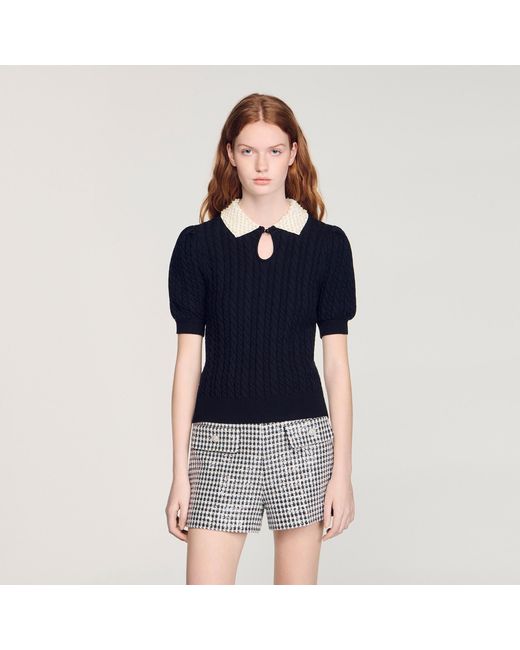 Sandro Blue Pearl Collar Cable Knit Jumper