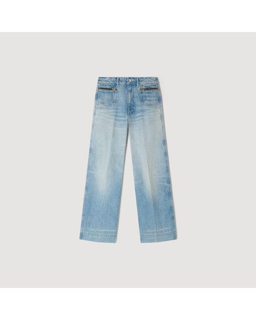 Sandro Blue Faded Straight Zipped Cotton Jeans