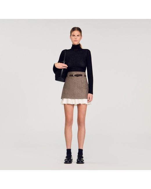Sandro Black Mini Skirt With Frill And Belt