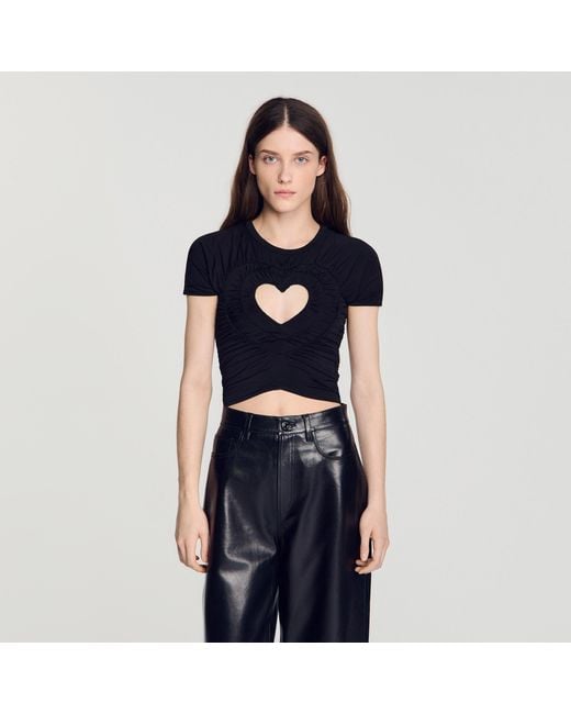Sandro Blue Ruched Heart Cropped T-Shirt