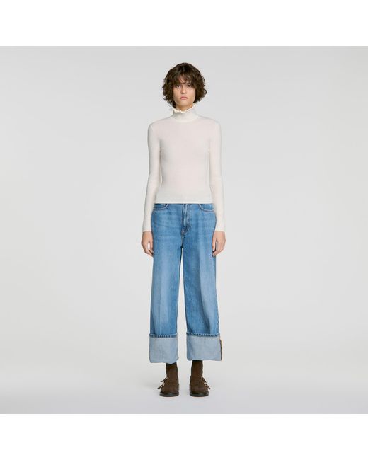 Sandro Blue Ruffled Turtleneck Wool Sweater