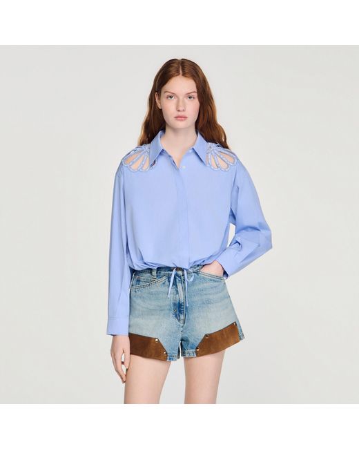 Sandro Blue Embroidered Cotton Shirt