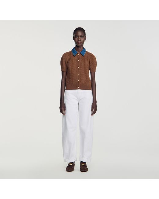 Sandro White Cardigan With Denim Collar
