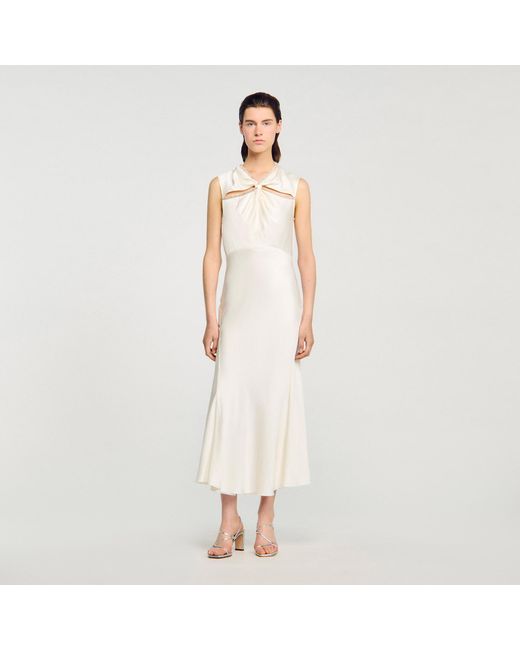 Sandro White Satin Maxi Dress With Rhinestones