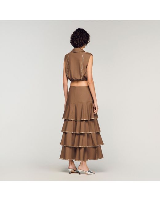 Sandro Brown Long Ruffled Rhinestone Skirt