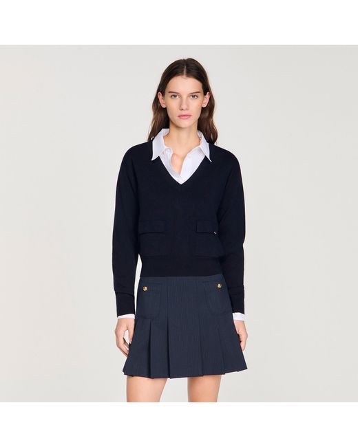 Sandro Blue V-Neck Wool Jumper