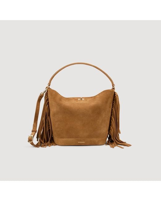 Sandro Brown Fringed Suede Bucket Bag Tangoso