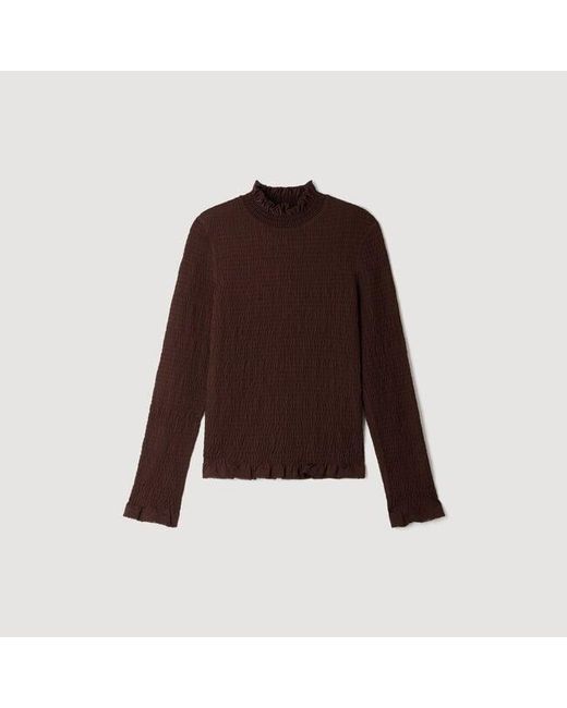 Sandro Blue Smocked T-Shirt With Ruffle Collar