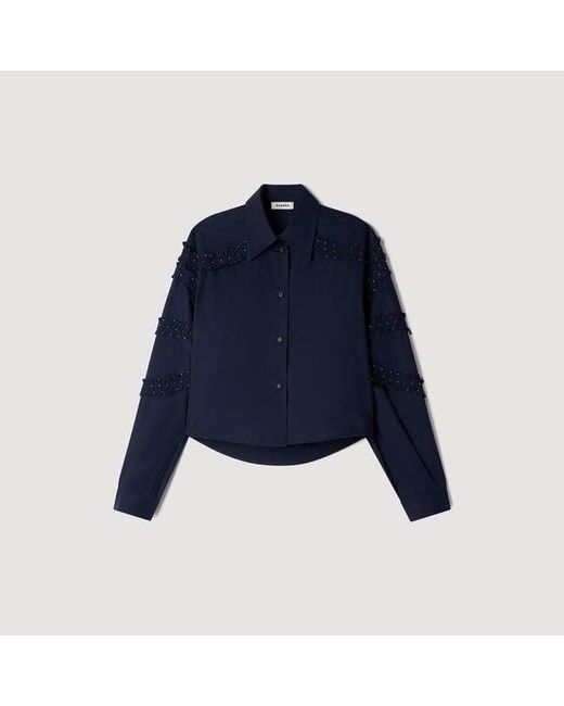 Sandro Blue Gathered Rhinestone Cotton Shirt