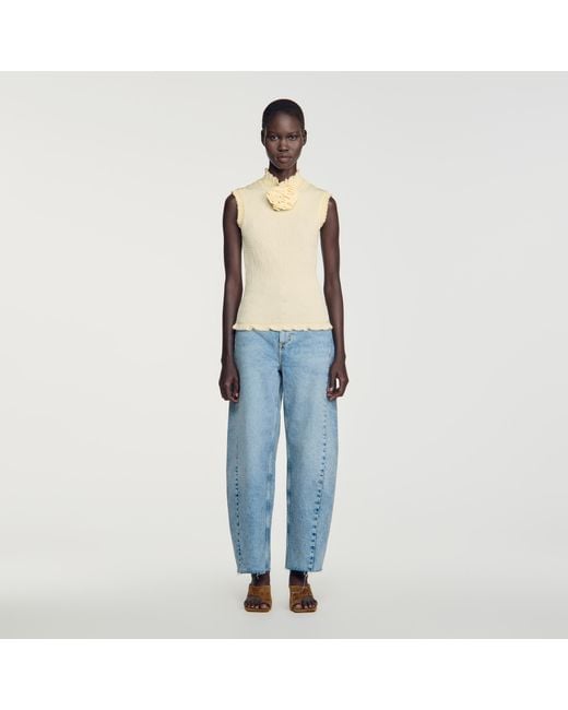 Sandro Blue Smocked T-Shirt With Flower Detail