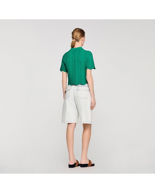 Sandro Green Decorative Knit Polo-Neck Jumper