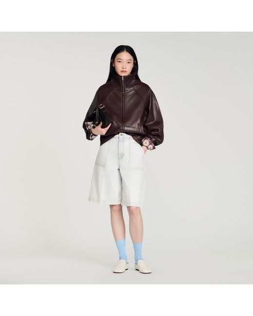 Sandro Brown Oversized Zip-Up Leather Jacket