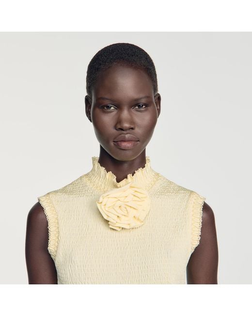 Sandro Blue Smocked T-Shirt With Flower Detail