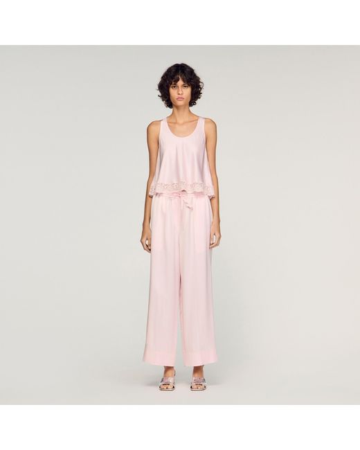 Sandro Pink Satin Top With Lace