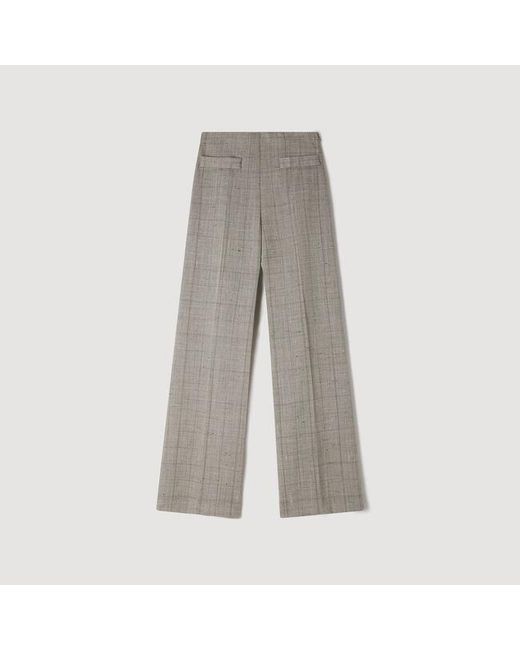 Sandro White Wide-Leg Check Wool Trousers