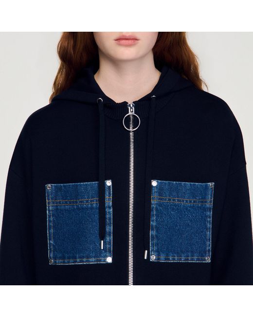 Sandro Blue Knit And Denim Sweatshirt