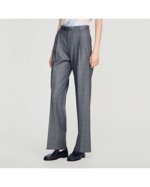 Sandro Blue Rhinestone Check Wool Trousers