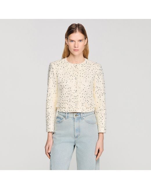 Sandro Blue Cropped Sequinned Cotton Jacket