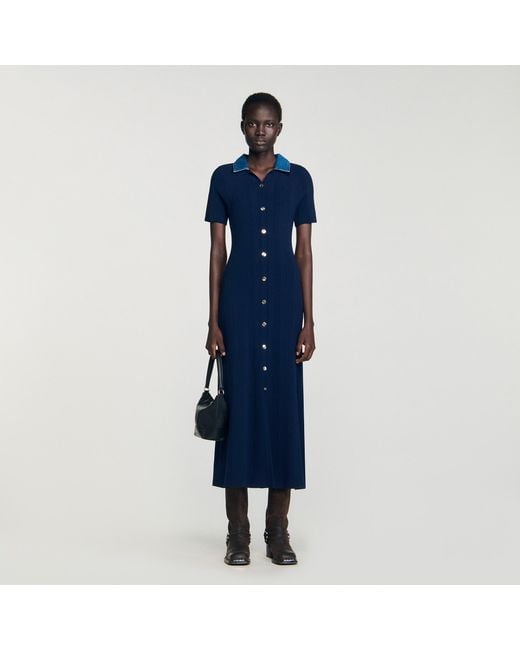 Sandro Blue Denim Collar Knit Maxi Dress